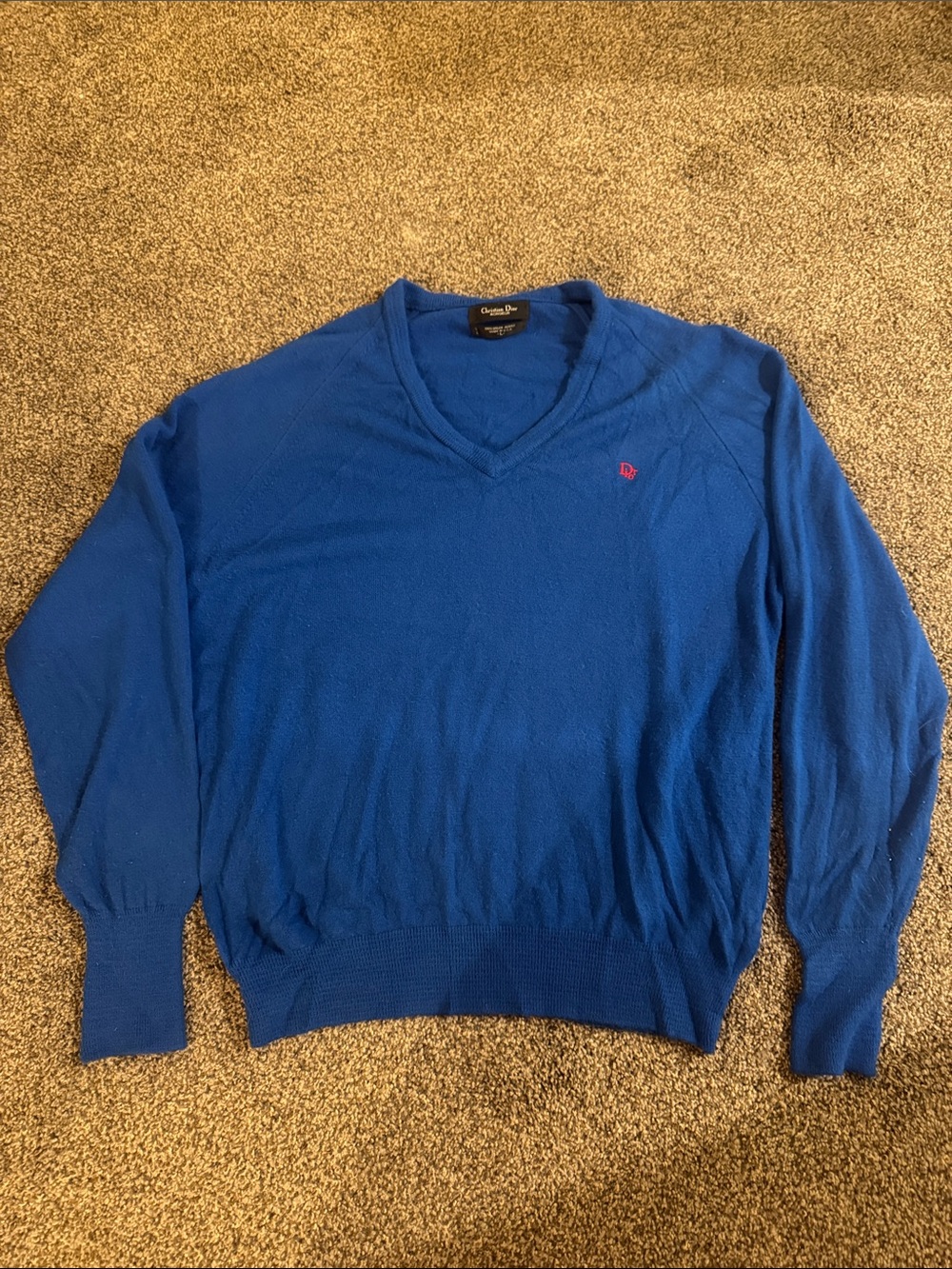Vintage Christian Dior Monsieur V-Neck Sweater in Royal Blue With Red Logo